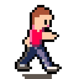 A small pixel-art character with brown hair and a pink top walking, an animation drawn in PixelFlipbook