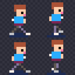The spritesheet PNG inside the Godot bundle: four walking frames in a two by two grid
