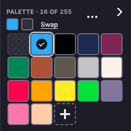 The palette panel on a desktop, a five-column grid of sixteen swatches and an add tile, with one colour selected
