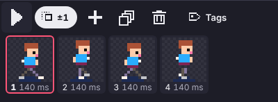The desktop timeline: play, onion skin, add frame, duplicate and delete buttons above the first frames, each labelled with its duration in milliseconds
