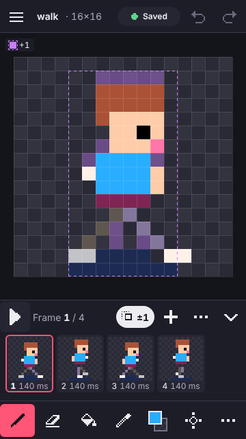 The phone editor with the timeline open, four frame thumbnails each labelled 140 ms