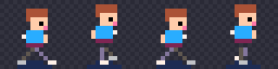 A spritesheet PNG of four walking frames laid out in one row, drawn on a checkerboard background